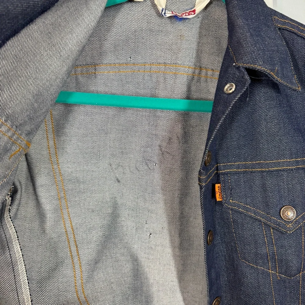 RARE VINTAGE Levis Big‎ E Orange Tab Denim Jean Jacket Dark Indigo Trucker 12 XS